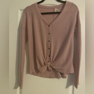 Waffle knit tie front top
